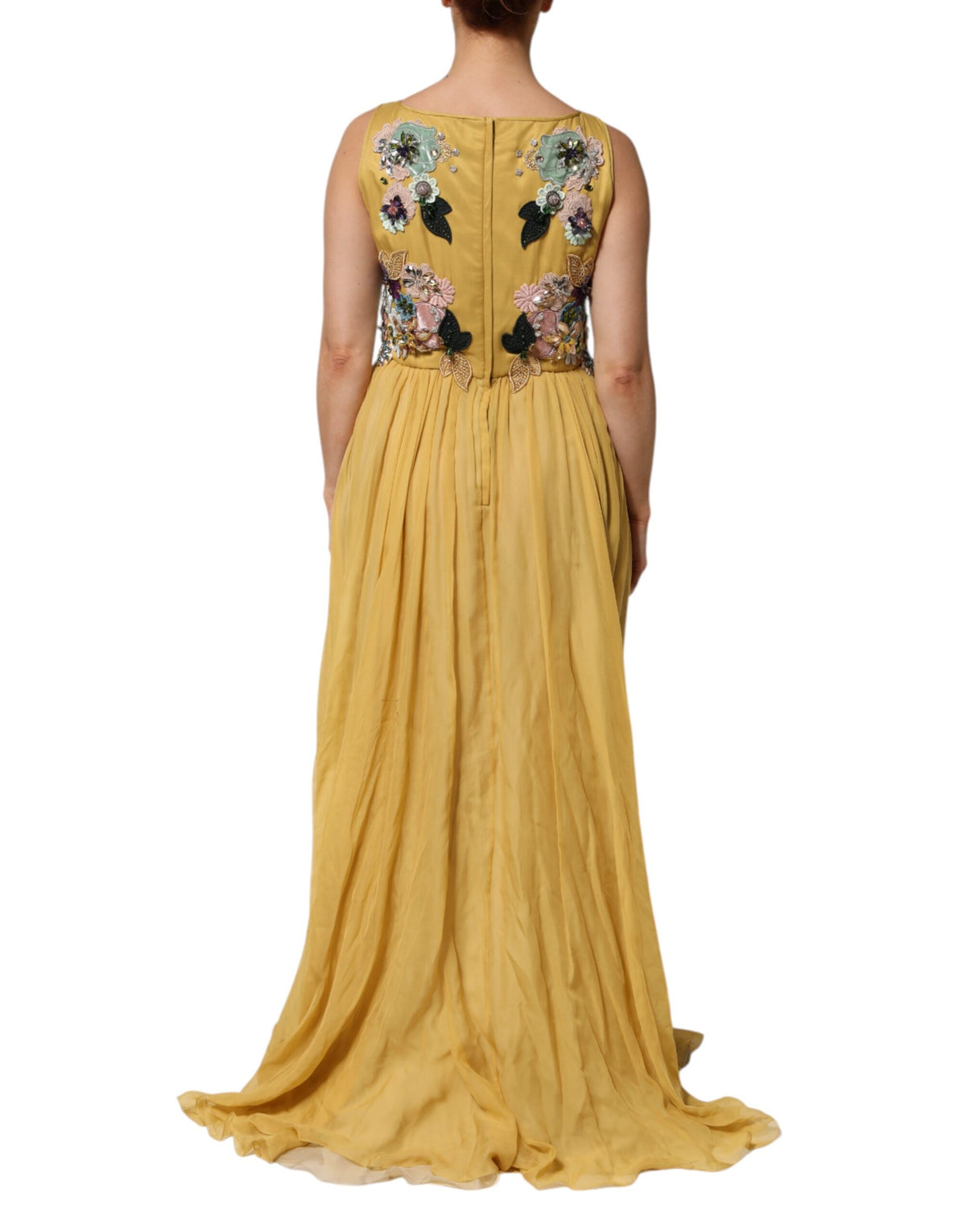 Yellow Silk Floral Embroidered Maxi Dress