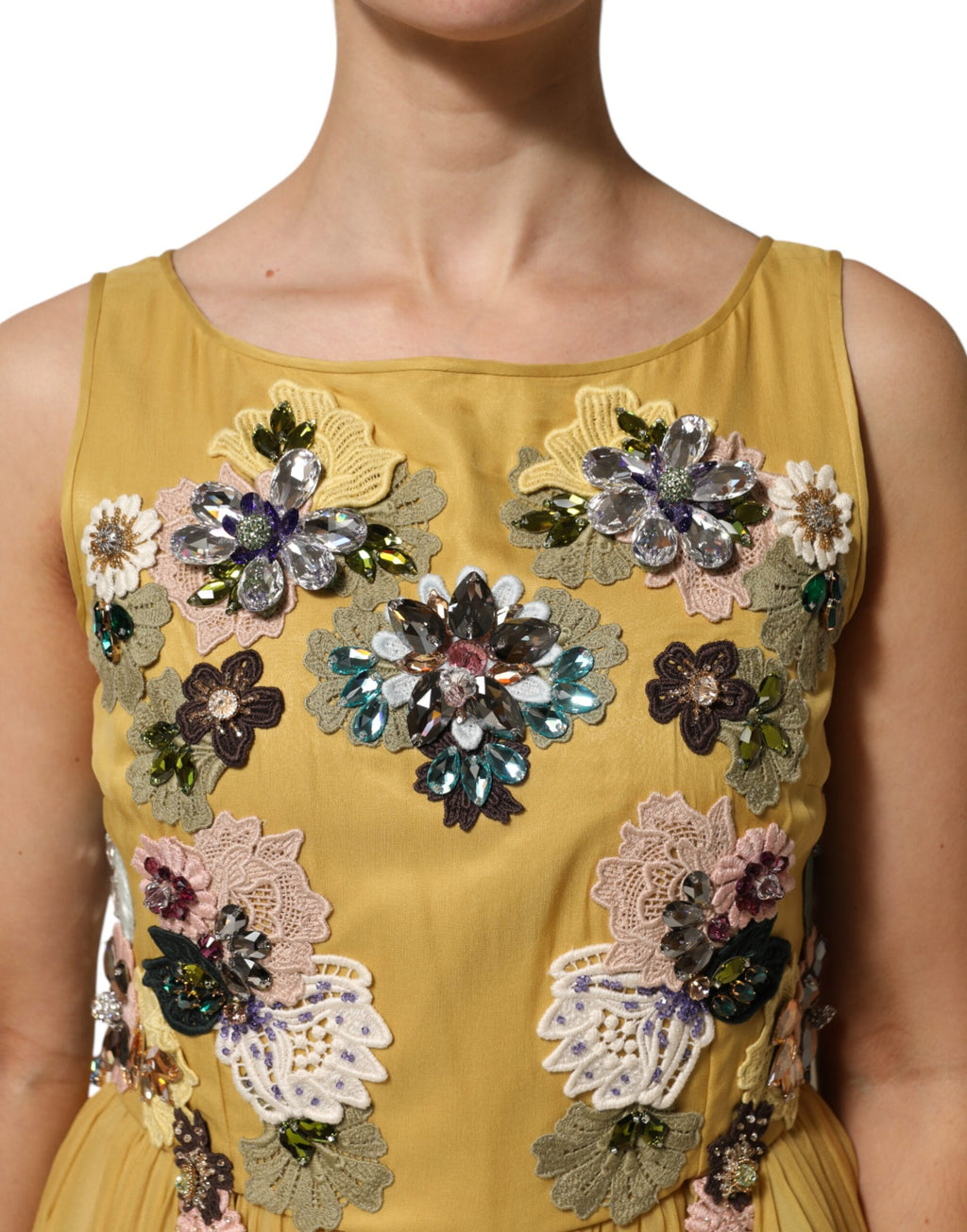 Yellow Silk Floral Embroidered Maxi Dress