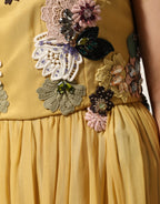 Yellow Silk Floral Embroidered Maxi Dress