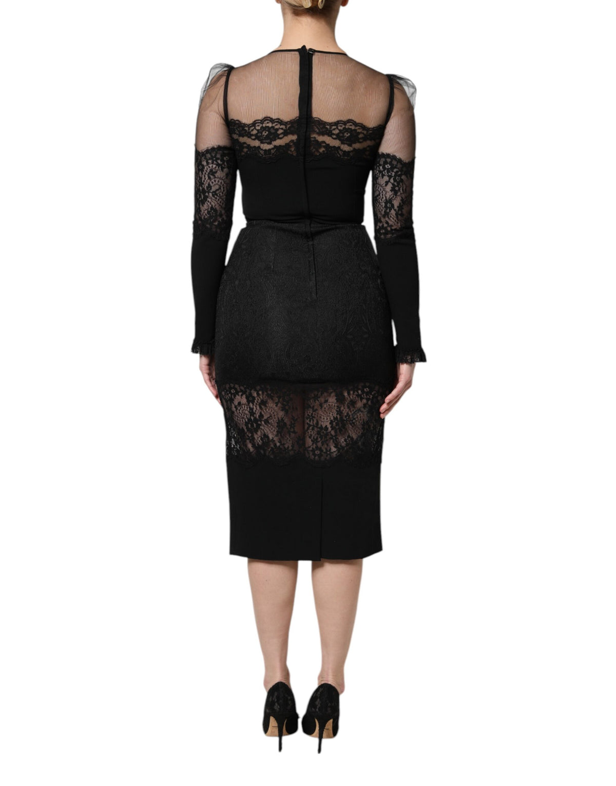 Black Lace Trim Nylon Tulle SheathMidi Dress