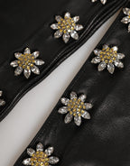 Black Leather Embellished Long Mitten Gloves