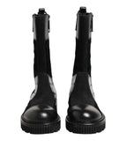 Black Patchwork Leather Mid Calf Boot  Shoes