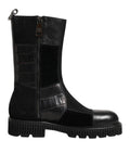 Black Patchwork Leather Mid Calf Boot  Shoes