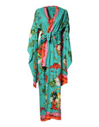 Green Printed Long Sleeve Wrap Coat Dress