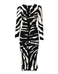 Black White Zebra Viscose Sheath Midi Dress