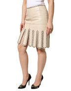 Beige Leather Studs Mid Waist Mini Skirt