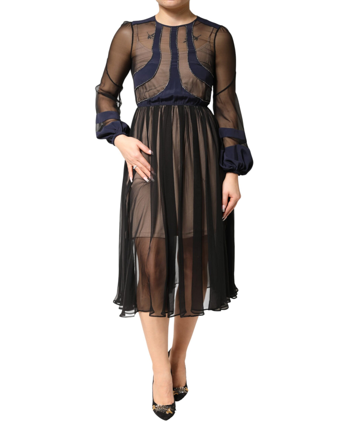 Blue Long Sleeves Sheer Silk Sheath A-line Midi Dress