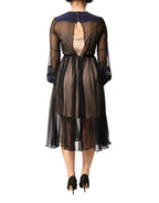 Blue Long Sleeves Sheer Silk Sheath A-line Midi Dress