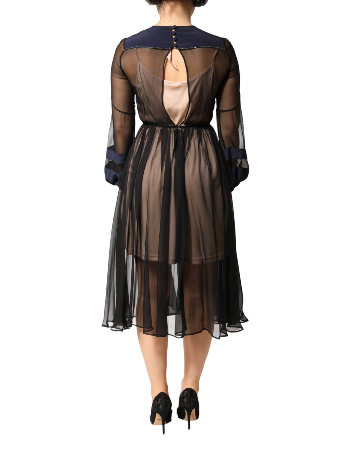 Blue Long Sleeves Sheer Silk Sheath A-line Midi Dress
