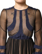 Blue Long Sleeves Sheer Silk Sheath A-line Midi Dress