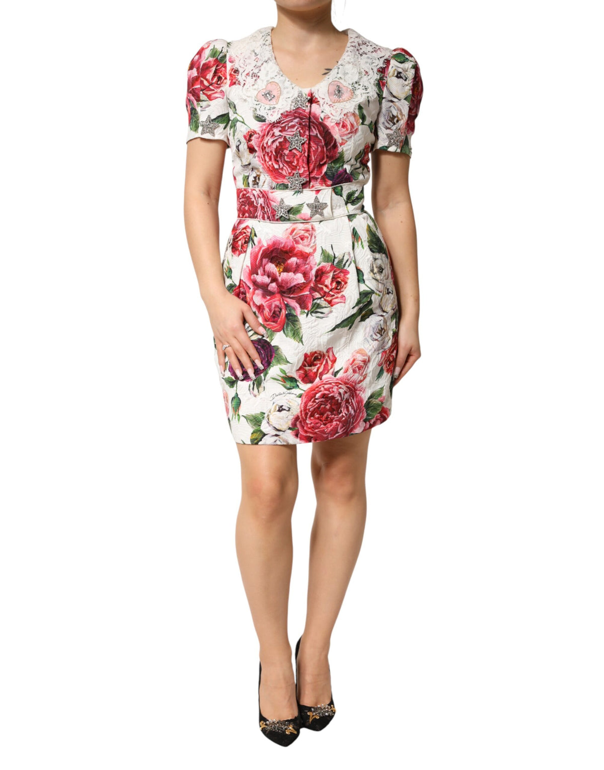 White Floral Embellished Sheath Mini Dress