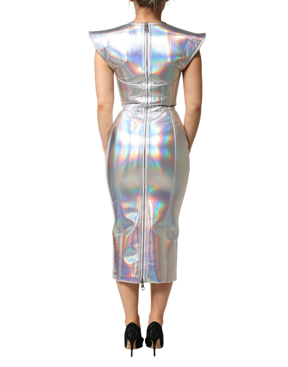 Silver Iridescent Bodycon Sheath Midi Dress