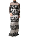 Black White Lace Silk Blend MaxiSheath Dress