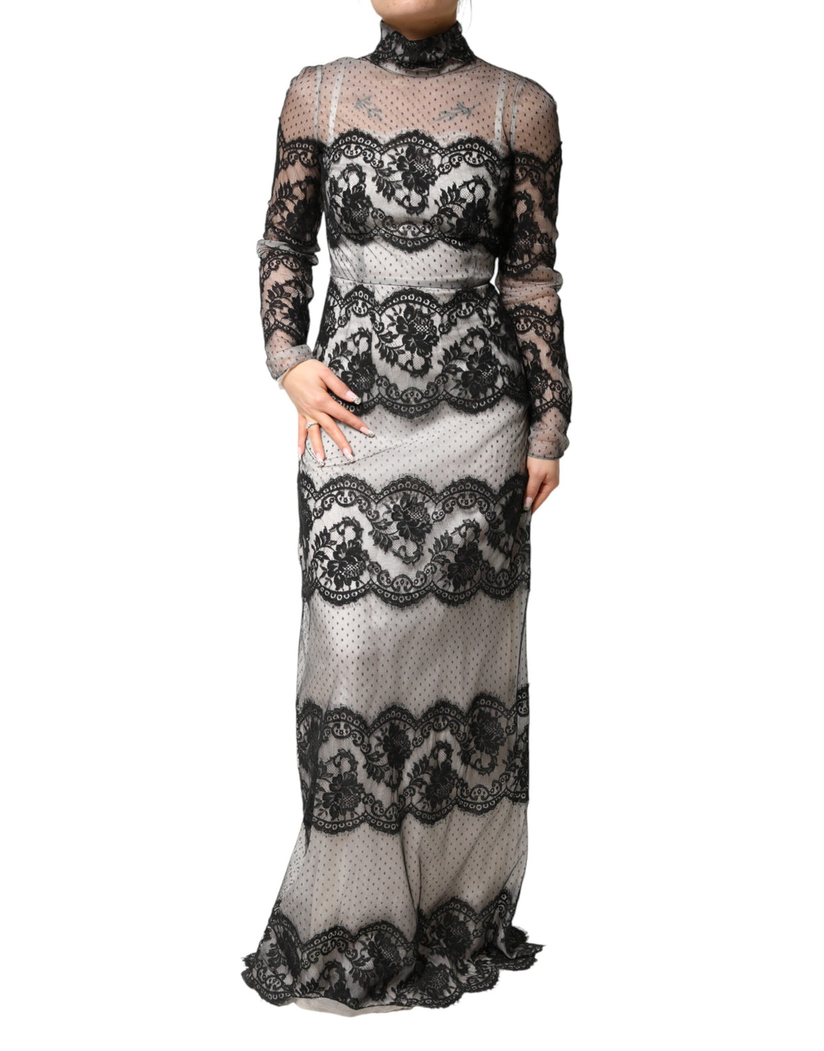 Black White Lace Silk Blend MaxiSheath Dress
