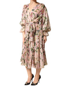 Pink Lily Print A-line Pleated Maxi Dress