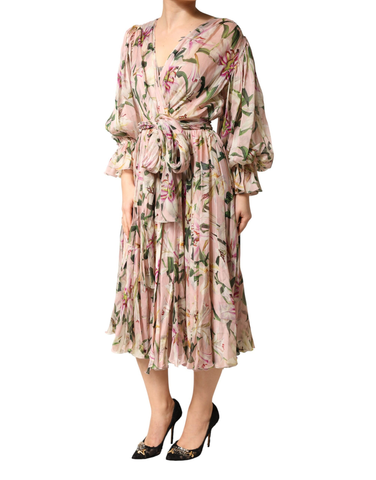 Pink Lily Print A-line Pleated Maxi Dress