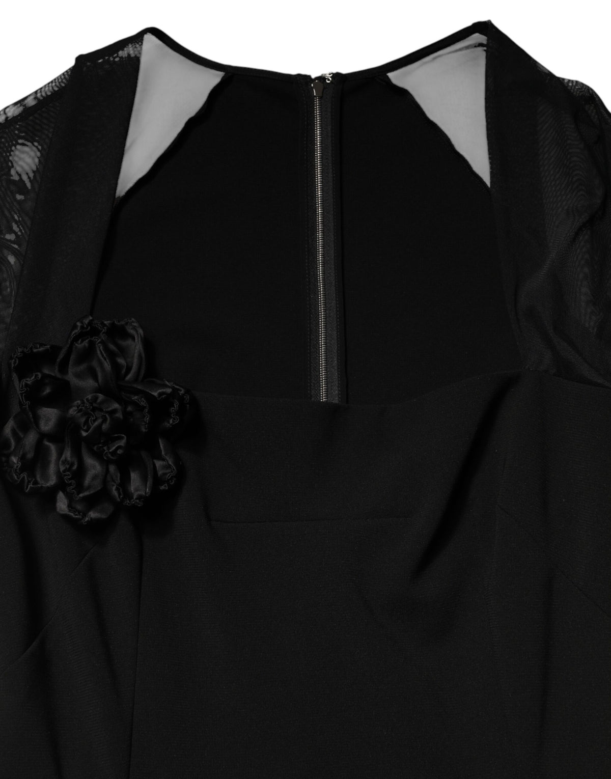 Black Sheer Yoke Rosette Sheath Midi Dress