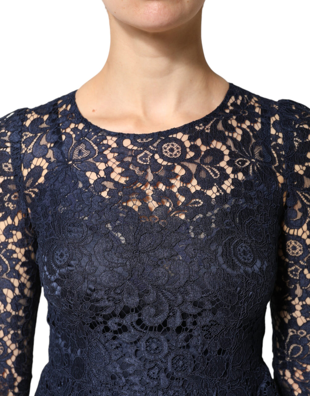 Blue Lace Ruffle A-line Knee Length Dress