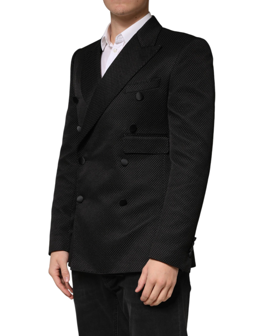 Black Cotton Double Breasted 2 Button Blazer